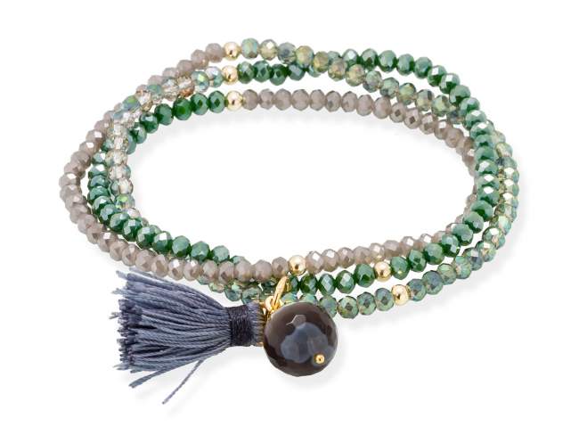 Pulsera ZEN verde en plata dorada de Marina Garcia Joyas en plata Pulsera de plata de primera ley (925) chapada en oro amarillo de 18kt y cristal de Strass facetado color triple verde con ágata Botswana. (largo: 54 cm.)