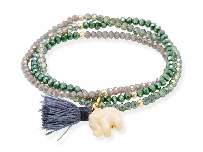 Pulsera ZEN verde en plata dorada de Marina Garcia Joyas en plata Pulsera de plata de primera ley (925) chapada en oro amarillo de 18kt y cristal de Strass facetado color triple verde con talla de elefante en resina. (largo: 54 cm.)