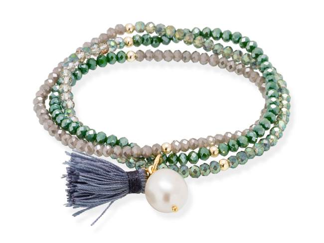 Pulsera ZEN verde en plata dorada de Marina Garcia Joyas en plata Pulsera de plata de primera ley (925) chapada en oro amarillo de 18kt y cristal de Strass facetado color triple verde con perla cultivada. (largo: 54 cm.)