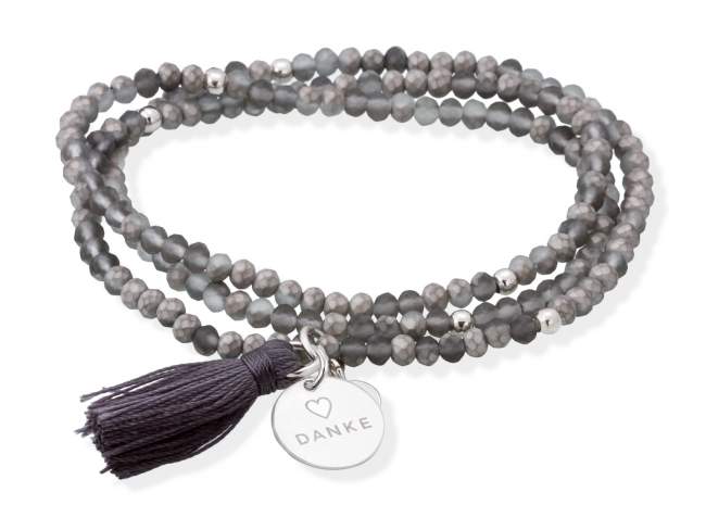 Bracelet ZEN GRAPHITE with Danke medal de Marina Garcia Joyas en plata Bracelet in 925 sterling silver rhodium plated, with elastic silicone band and faceted strass glass, with Danke medal. Medium size 17 cm. (51 cm total)