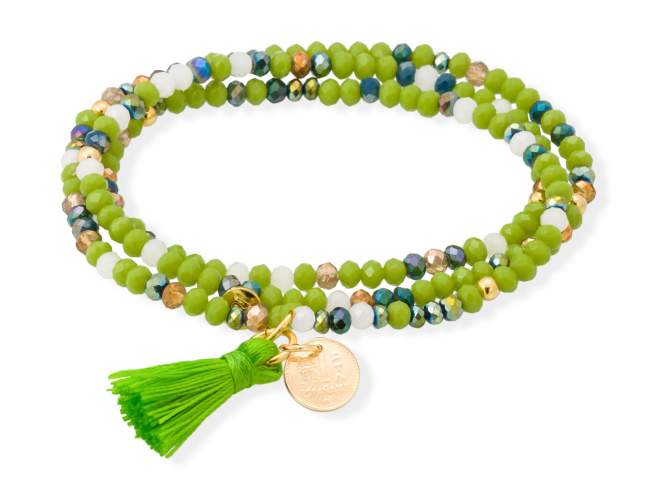 Pulsera ZEN NEÓN PISTACHO con peseta de Marina Garcia Joyas en plata Pulsera de plata de primera ley (925) chapada en oro amarillo de 18kt, con nucleo de silicona elástica y cristal de strass facetado, con charm peseta. Talla media de 17 cm. (51 cm. total)