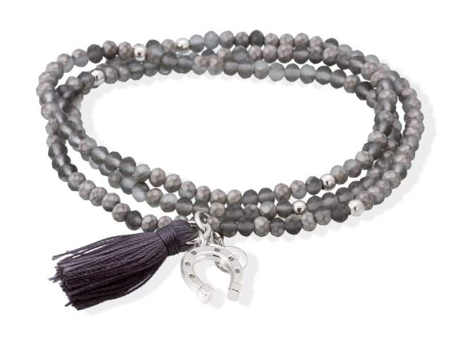 Bracelet ZEN GRAPHIT mit Hufeisen de Marina Garcia Joyas en plata Armband in Silber (925) rhodiniert, mit elastischem Silikonband und facettiertem Strassglas, mit Hufeisen. Größ  18 cm. (54 cm insgesamt)