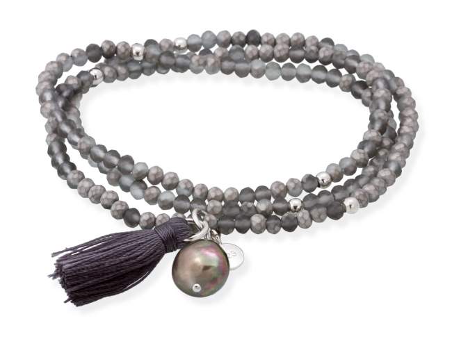 Pulsera ZEN GRAFITO  con perla de Marina Garcia Joyas en plata Pulsera de plata de primera ley (925) con baño de rodio, con nucleo de silicona elástica y cristal de strass facetado, con perla cultivada natural. Talla grande de 18 cm. (54 cm. total)