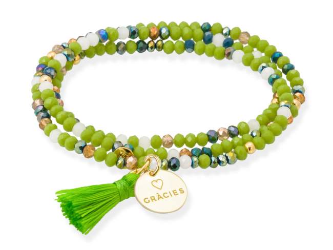 Pulsera ZEN NEÓN PISTACHO con chapa Gràcies de Marina Garcia Joyas en plata Pulsera de plata de primera ley (925) chapada en oro amarillo de 18kt, con nucleo de silicona elástica y cristal de strass facetado, con chapa Gràcies. Talla grande de 18 cm. (54 cm. total)