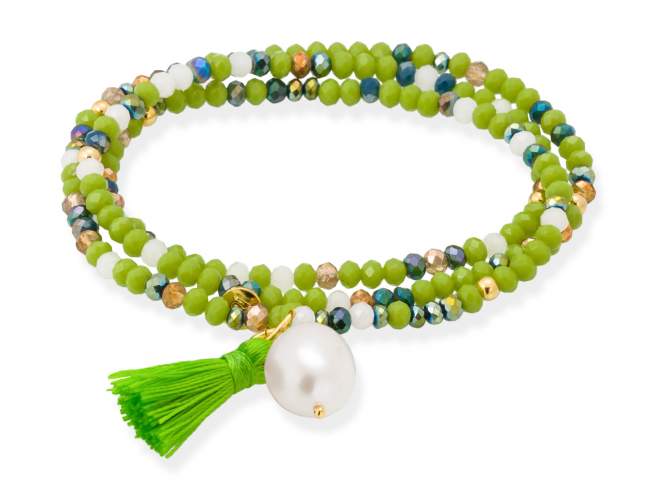 Pulsera ZEN NEÓN PISTACHO con perla de Marina Garcia Joyas en plata Pulsera de plata de primera ley (925) chapada en oro amarillo de 18kt, con nucleo de silicona elástica y cristal de strass facetado, con perla cultivada natural. Talla grande de 18 cm. (54 cm. total)