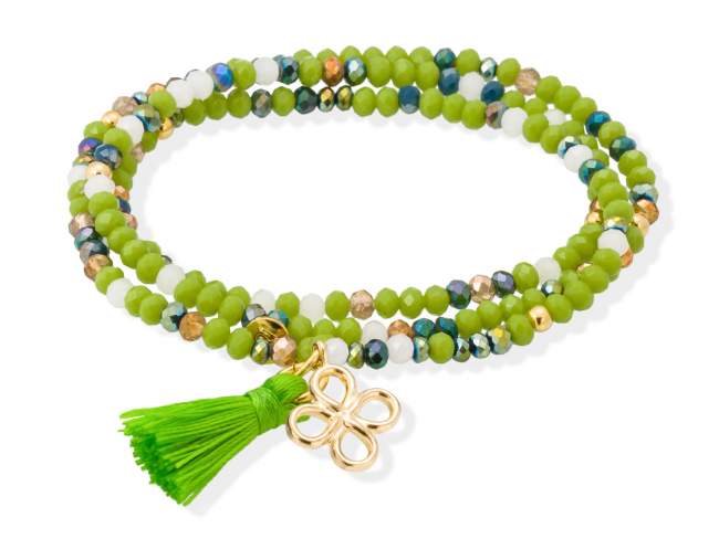 Pulsera ZEN NEÓN PISTACHO con trebol de Marina Garcia Joyas en plata Pulsera de plata de primera ley (925) chapada en oro amarillo de 18kt, con nucleo de silicona elástica y cristal de strass facetado, con trebol de 4 hojas. Talla grande de 18 cm. (54 cm. total)