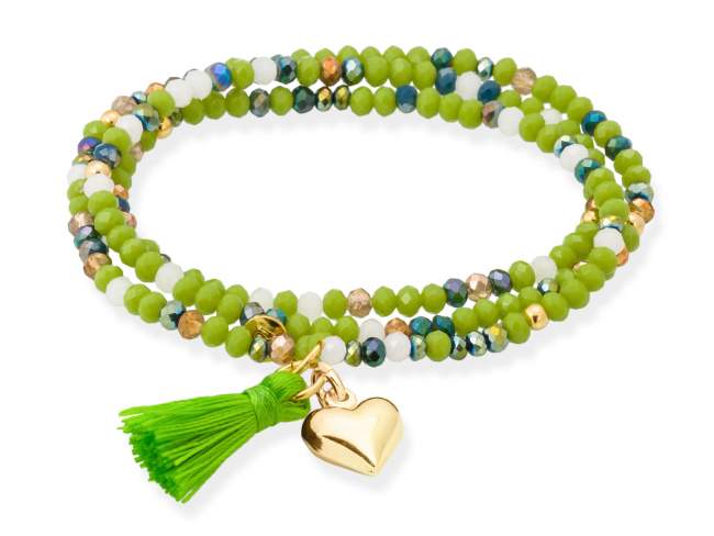 Pulsera ZEN NEÓN PISTACHO con corazón de Marina Garcia Joyas en plata Pulsera de plata de primera ley (925) chapada en oro amarillo de 18kt, con nucleo de silicona elástica y cristal de strass facetado, con charm corazón. Talla grande de 18 cm. (54 cm. total)