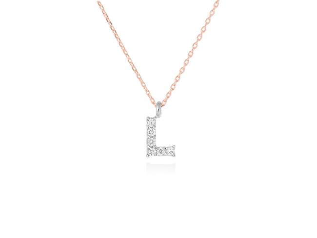 Necklace in 18kt. Gold and diamonds de Marina Garcia Joyas en plata Necklace in rose and white 18kt gold with 6 diamonds carat total weight 0.05 (Color: Top Wesselton (G) Clarity: SI). Height of letter: 6 mm. Adjustable gold chain in 40-42 cm.