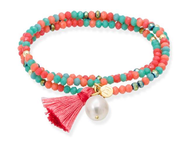 Bracelet ZEN TANGERINE with pearl de Marina Garcia Joyas en plata Bracelet in 925 sterling silver plated with 18kt yellow gold, with elastic silicone band and faceted strass glass, with natural freshwater pearl. Large size 18 cm. (54 cm total)