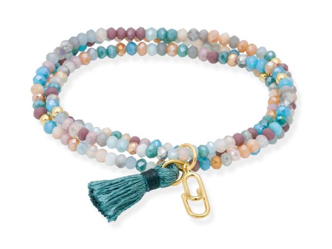 Pulsera ZEN OCEANÍA con clip amistad de Marina Garcia Joyas en plata Pulsera de plata de primera ley (925) chapada en oro amarillo de 18kt, con nucleo de silicona elástica y cristal de strass facetado, con clip amistad. Talla grande de 18 cm. (54 cm. total)