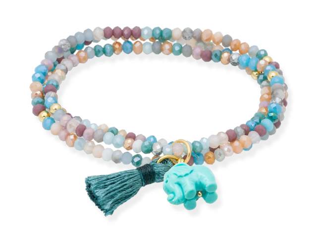 Pulsera ZEN OCEANÍA con elefante de Marina Garcia Joyas en plata Pulsera de plata de primera ley (925) chapada en oro amarillo de 18kt, con nucleo de silicona elástica y cristal de strass facetado, con elefante en resina. Talla grande de 18 cm. (54 cm. total)