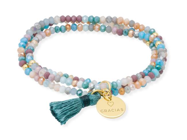 Bracelet ZEN OCEANIA with Gracias medal de Marina Garcia Joyas en plata Bracelet in 925 sterling silver plated with 18kt yellow gold, with elastic silicone band and faceted strass glass, with Gracias medal. Large size 18 cm. (54 cm total)