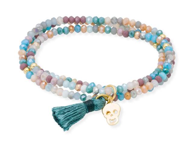 Bracelet ZEN OCEANIA with skull charm de Marina Garcia Joyas en plata Bracelet in 925 sterling silver plated with 18kt yellow gold, with elastic silicone band and faceted strass glass, with skull charm. Large size 18 cm. (54 cm total)