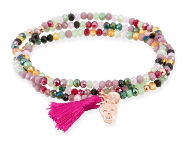 Pulsera ZEN TURMALINA con calavera de Marina Garcia Joyas en plata Pulsera de plata de primera ley (925) chapada en oro rosa de 18kt, con nucleo de silicona elástica y cristal de strass facetado, con charm calavera. Talla grande de 18 cm. (54 cm. total)