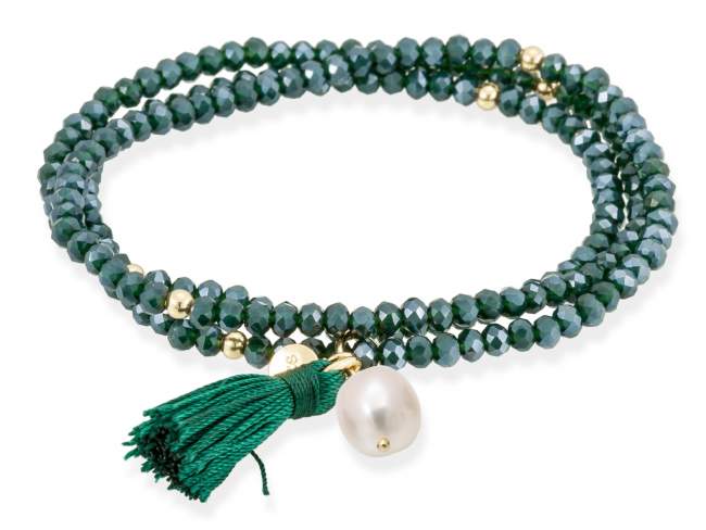 Bracelet ZEN DARK GREEN with pearl de Marina Garcia Joyas en plata Bracelet in 925 sterling silver plated with 18kt yellow gold, with elastic silicone band and faceted strass glass, with natural freshwater pearl. Medium size 17 cm. (51 cm total)