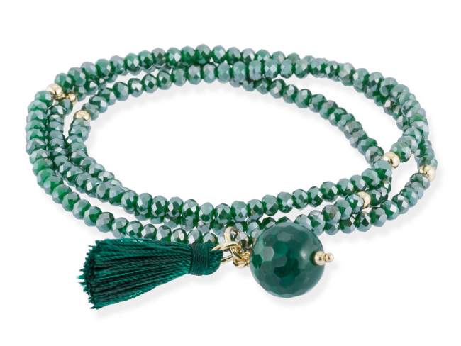 Pulsera ZEN VERDE con piedra natural de Marina Garcia Joyas en plata Pulsera de plata de primera ley (925) chapada en oro amarillo de 18kt, con nucleo de silicona elástica y cristal de strass facetado, con Cuarzo Verde. Talla grande de 18 cm. (54 cm. total)