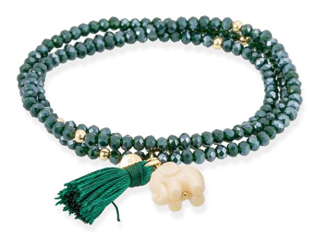 Pulsera ZEN VERDE con elefante de Marina Garcia Joyas en plata Pulsera de plata de primera ley (925) chapada en oro amarillo de 18kt, con nucleo de silicona elástica y cristal de strass facetado, con elefante en resina. Talla grande de 18 cm. (54 cm. total)