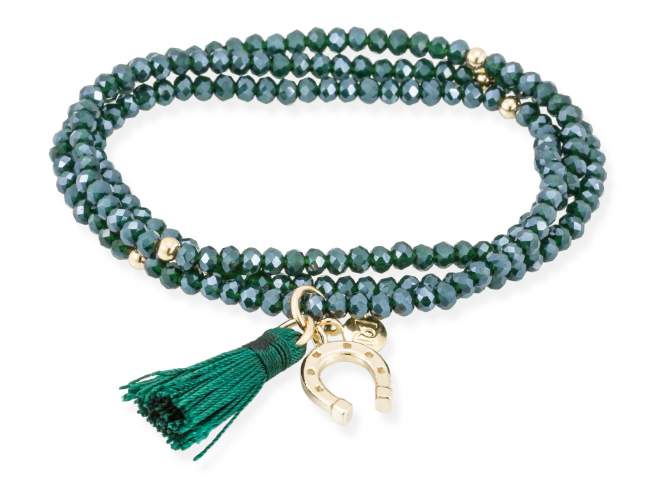 Pulsera ZEN VERDE con herradura de Marina Garcia Joyas en plata Pulsera de plata de primera ley (925) chapada en oro amarillo de 18kt, con nucleo de silicona elástica y cristal de strass facetado, con herradura. Talla grande de 18 cm. (54 cm. total)