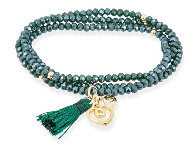 Pulsera ZEN VERDE con charm Love de Marina Garcia Joyas en plata Pulsera de plata de primera ley (925) chapada en oro amarillo de 18kt, con nucleo de silicona elástica y cristal de strass facetado, con charm Love. Talla grande de 18 cm. (54 cm. total)