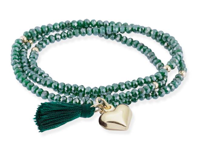 Bracelet ZEN DARK GREEN with heart charm de Marina Garcia Joyas en plata Bracelet in 925 sterling silver plated with 18kt yellow gold, with elastic silicone band and faceted strass glass, with heart charm. Large size 18 cm. (54 cm total)