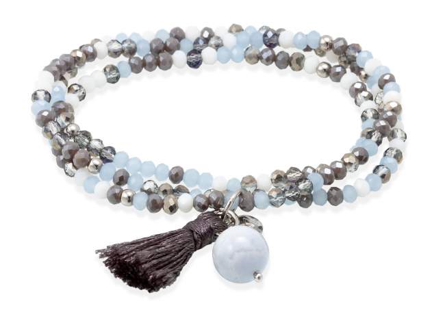 Pulsera ZEN HIELO con piedra natural de Marina Garcia Joyas en plata Pulsera de plata de primera ley (925) con baño de rodio, con nucleo de silicona elástica y cristal de strass facetado, con Calcedonia. Talla grande de 18 cm. (54 cm. total)