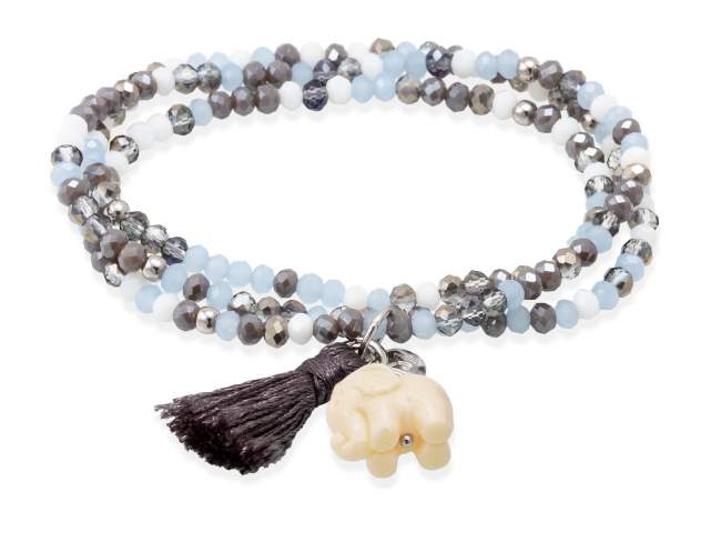 Bracelet ZEN ICE BLUE with elephant de Marina Garcia Joyas en plata Bracelet in 925 sterling silver rhodium plated, with elastic silicone band and faceted strass glass, with resin elephant. Large size 18 cm. (54 cm total)