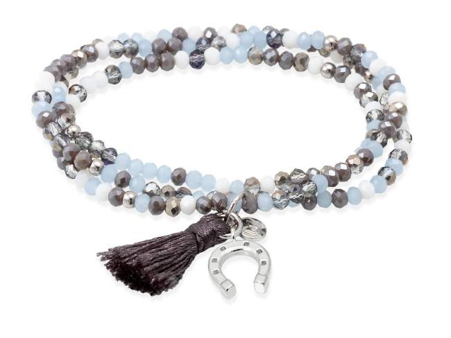 Bracelet ZEN ICE BLUE with horseshoe de Marina Garcia Joyas en plata Bracelet in 925 sterling silver rhodium plated, with elastic silicone band and faceted strass glass, with horseshoe. Large size 18 cm. (54 cm total)