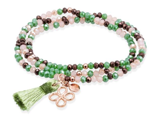 Bracelet ZEN AFTER EIGHT with lucky clover de Marina Garcia Joyas en plata Bracelet in 18kt rose gold plated 925 sterling silver, with elastic silicone band and faceted strass glass, with lucky clover. Large size 18 cm. (54 cm total)