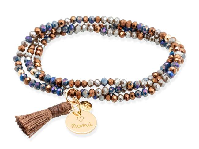 Bracelet ZEN CHOCOLATE mit Mamá medal de Marina Garcia Joyas en plata Armband in Silber (925) vergoldet in 18 Karat Gelbgold, mit elastischem Silikonband und facettiertem Strassglas, mit Mamá medal. Größ  18 cm. (54 cm insgesamt)