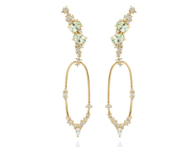 Earrings SOMEIL  in golden silver de Marina Garcia Joyas en plata Earrings in 18kt yellow gold plated 925 sterling silver, white cubic zirconia and synthetic stone in light green color.  (dimensions of the jewel: 7,5 x 1,6 cm.)