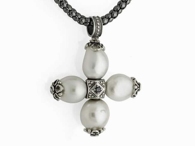 Anhänger BOSSA in silber oxidiert de Marina Garcia Joyas en plata Cross in 925 Silber (925) und Süßwasser-Zuchtperlen  (Kette ist nicht enthalten)