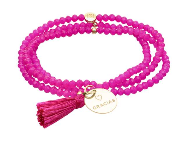 Pulsera ZEN FUCSIA con chapa Gracias de Marina Garcia Joyas en plata Pulsera de plata de primera ley (925) chapada en oro amarillo de 18kt, con nucleo de silicona elástica y cristal de strass facetado, con chapa Gracias. Talla media de 17 cm. (51 cm. total)