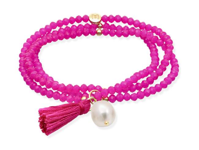 Pulsera ZEN FUCSIA con perla de Marina Garcia Joyas en plata Pulsera de plata de primera ley (925) chapada en oro amarillo de 18kt, con nucleo de silicona elástica y cristal de strass facetado, con perla cultivada natural. Talla media de 17 cm. (51 cm. total)