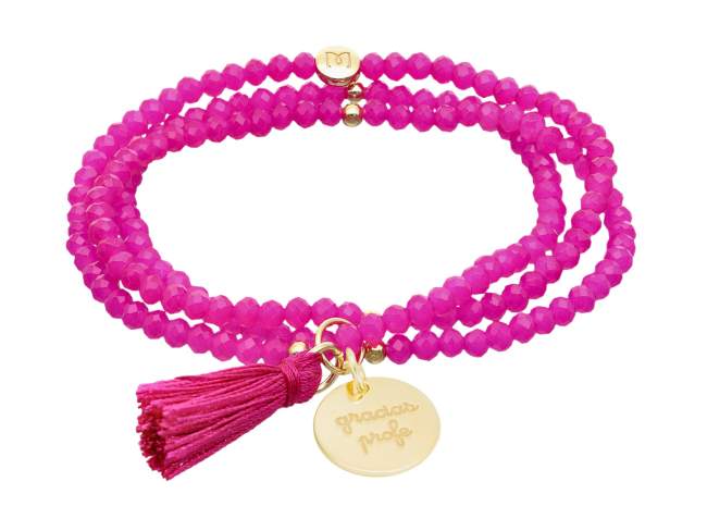 Bracelet ZEN FUCHSIA with Gracias Profe de Marina Garcia Joyas en plata Bracelet in 925 sterling silver plated with 18kt yellow gold, with elastic silicone band and faceted strass glass, with medal Gracias Profe. Large size 18 cm. (54 cm total)