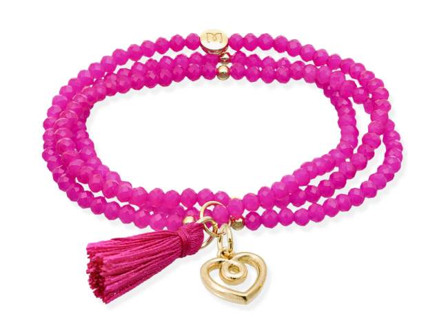 Bracelet ZEN FUCHSIA mit Love Charme de Marina Garcia Joyas en plata Armband in Silber (925) vergoldet in 18 Karat Gelbgold, mit elastischem Silikonband und facettiertem Strassglas, mit Love Charme. Größ 18 cm. (54 cm insgesamt)