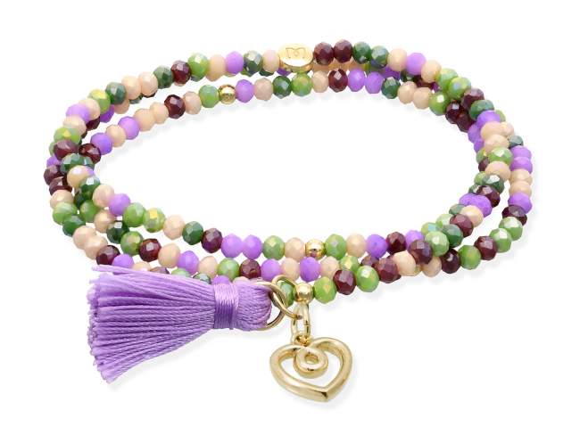 Pulsera ZEN PROVENZA con charm Love de Marina Garcia Joyas en plata Pulsera de plata de primera ley (925) chapada en oro amarillo de 18kt, con nucleo de silicona elástica y cristal de strass facetado, con charm Love. Talla grande de 18 cm. (54 cm. total)