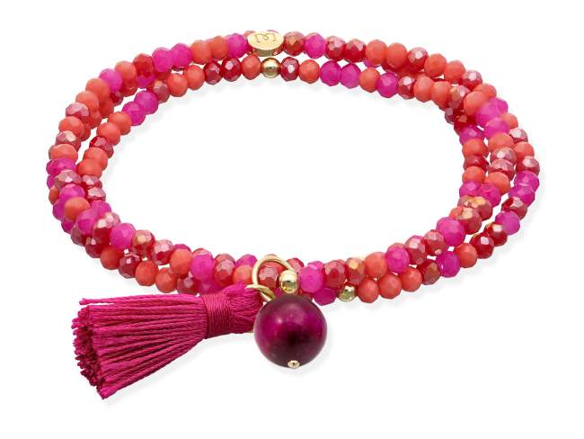 Bracelet ZEN BUGANVILLA mit Edelstein de Marina Garcia Joyas en plata Armband in Silber (925) vergoldet in 18 Karat Gelbgold, mit elastischem Silikonband und facettiertem Strassglas, mit Fuchsia Achat. Größ 18 cm. (54 cm insgesamt)