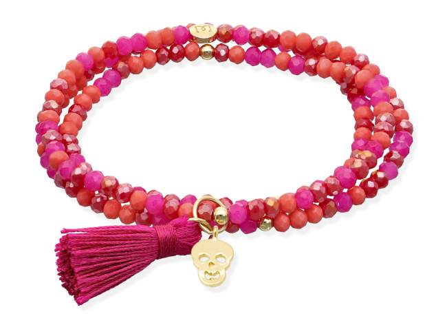 Pulsera ZEN BUGANVILLA con calavera de Marina Garcia Joyas en plata Pulsera de plata de primera ley (925) chapada en oro amarillo de 18kt, con nucleo de silicona elástica y cristal de strass facetado, con charm calavera. Talla grande de 18 cm. (54 cm. total)