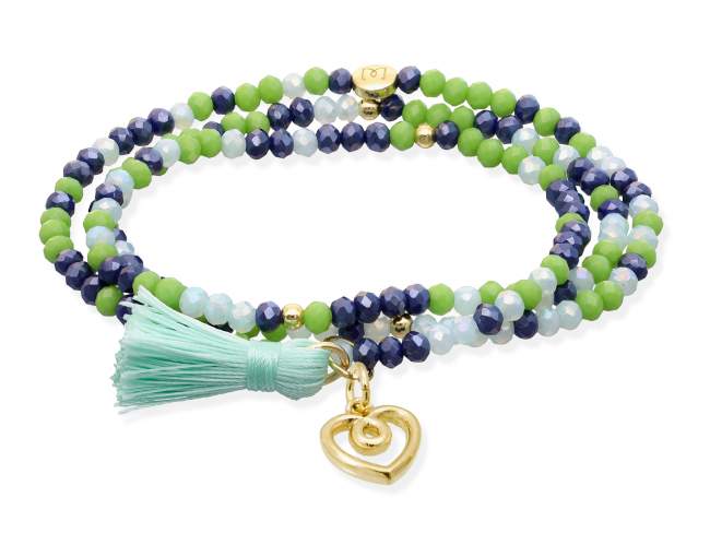 Pulsera ZEN NENUFAR con charm Love de Marina Garcia Joyas en plata Pulsera de plata de primera ley (925) chapada en oro amarillo de 18kt, con nucleo de silicona elástica y cristal de strass facetado, con charm Love. Talla grande de 18 cm. (54 cm. total)