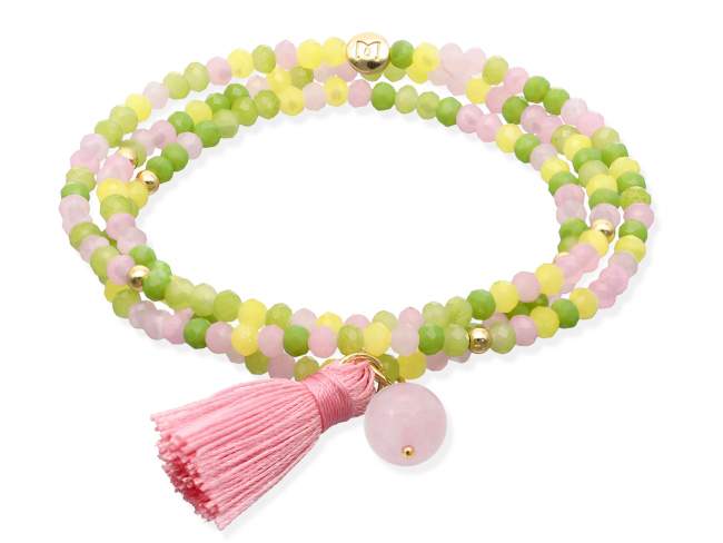 Bracelet ZEN BRITISH ROSE with gemstone de Marina Garcia Joyas en plata Bracelet in 925 sterling silver plated with 18kt yellow gold, with elastic silicone band and faceted strass glass, with Rose quartz. Medium size 17 cm. (51 cm total)