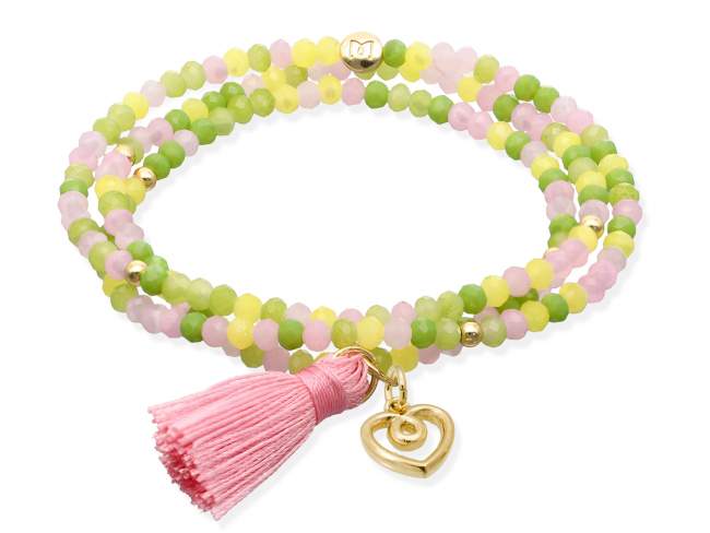 Bracelet ZEN BRITISH ROSE with Love charm de Marina Garcia Joyas en plata Bracelet in 925 sterling silver plated with 18kt yellow gold, with elastic silicone band and faceted strass glass, with Love charm. Medium size 17 cm. (51 cm total)