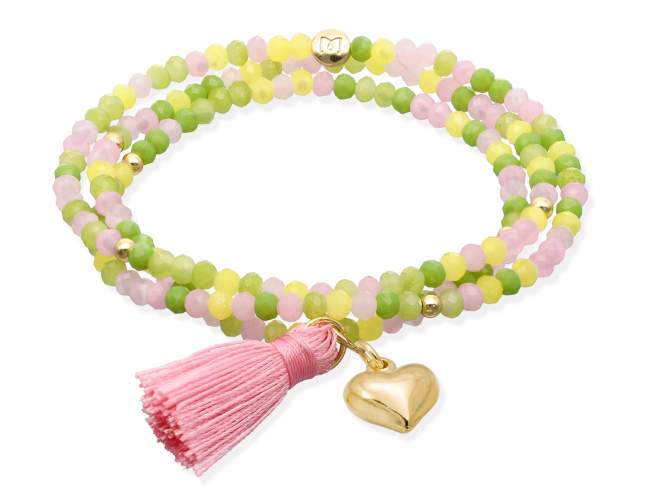 Bracelet ZEN BRITISH ROSE with heart charm de Marina Garcia Joyas en plata Bracelet in 925 sterling silver plated with 18kt yellow gold, with elastic silicone band and faceted strass glass, with heart charm. Medium size 17 cm. (51 cm total)