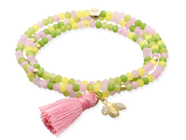 Pulsera ZEN BRITISH ROSE con abeja de Marina Garcia Joyas en plata Pulsera de plata de primera ley (925) chapada en oro amarillo de 18kt, con nucleo de silicona elástica y cristal de strass facetado, con charm abeja. Talla grande de 18 cm. (54 cm. total)