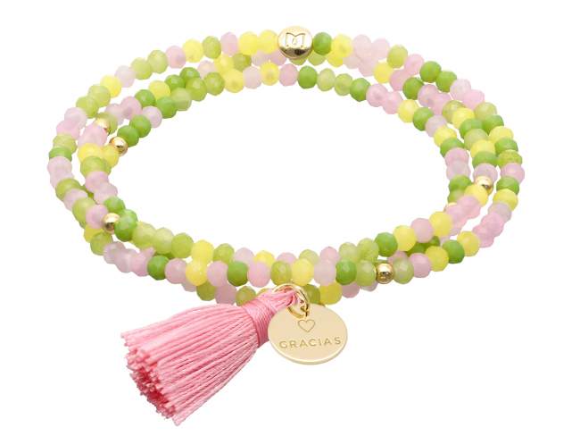 Bracelet ZEN BRITISH ROSE with Gracias medal de Marina Garcia Joyas en plata Bracelet in 925 sterling silver plated with 18kt yellow gold, with elastic silicone band and faceted strass glass, with Gracias medal. Large size 18 cm. (54 cm total)