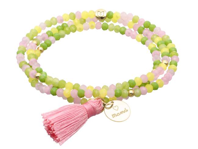 Bracelet ZEN BRITISH ROSE with Mamá medal de Marina Garcia Joyas en plata Bracelet in 925 sterling silver plated with 18kt yellow gold, with elastic silicone band and faceted strass glass, with Mamá medal. Large size 18 cm. (54 cm total)