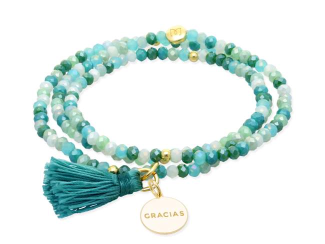 Bracelet ZEN MINT with Gracias medal de Marina Garcia Joyas en plata Bracelet in 925 sterling silver plated with 18kt yellow gold, with elastic silicone band and faceted strass glass, with Gracias medal. Medium size 17 cm. (51 cm total)