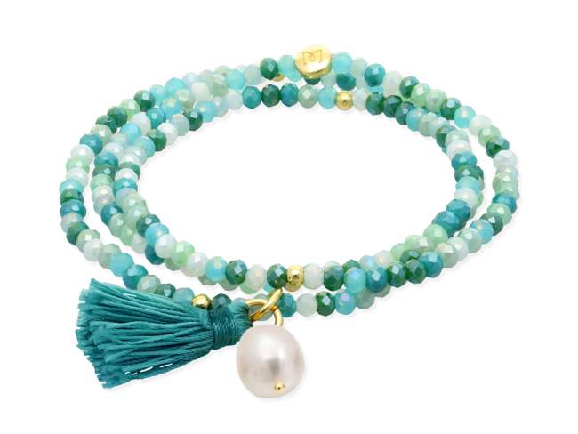 Bracelet ZEN MINT with pearl de Marina Garcia Joyas en plata Bracelet in 925 sterling silver plated with 18kt yellow gold, with elastic silicone band and faceted strass glass, with natural freshwater pearl. Medium size 17 cm. (51 cm total)