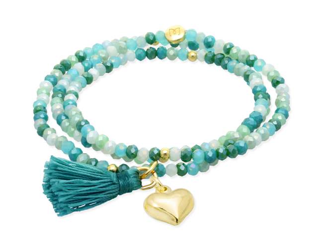 Bracelet ZEN MINT with heart charm de Marina Garcia Joyas en plata Bracelet in 925 sterling silver plated with 18kt yellow gold, with elastic silicone band and faceted strass glass, with heart charm. Medium size 17 cm. (51 cm total)