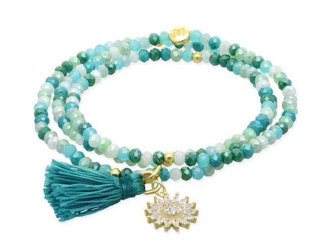 Pulsera ZEN MENTA con sol de Marina Garcia Joyas en plata Pulsera de plata de primera ley (925) chapada en oro amarillo de 18kt, con nucleo de silicona elástica y cristal de strass facetado, con charm sol. Talla grande de 18 cm. (54 cm. total)