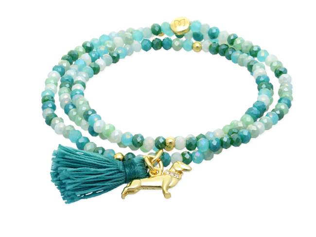 Pulsera ZEN MENTA con perro de Marina Garcia Joyas en plata Pulsera de plata de primera ley (925) chapada en oro amarillo de 18kt, con nucleo de silicona elástica y cristal de strass facetado, con charm perro. Talla grande de 18 cm. (54 cm. total)